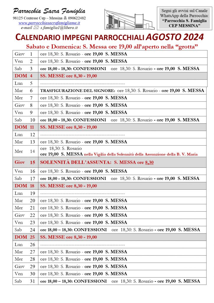 Impegni parrocchiali Agosto 24